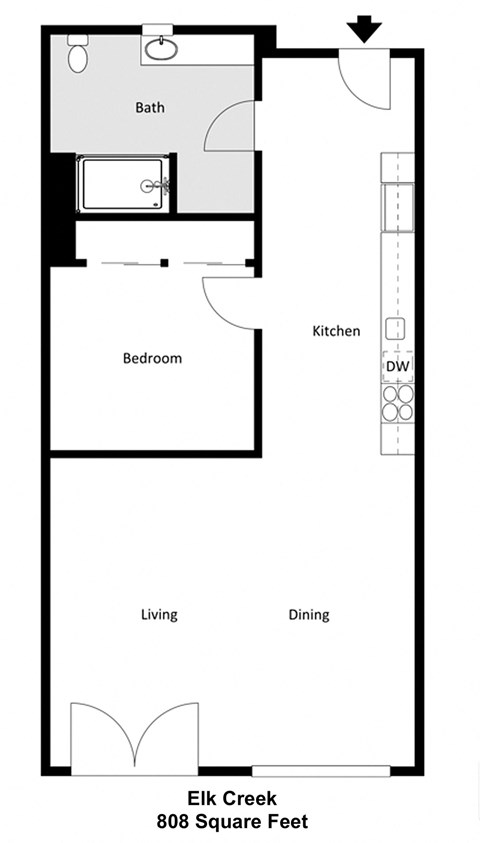 Floor plan for 1 bed, 1 bath, 808 sqft